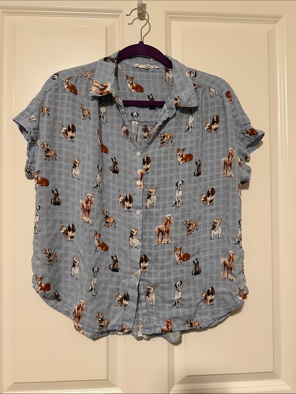 Jane and Delancey Light Blue Dog Print Short Sleeve Button Shirt Large